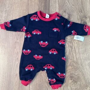 Old Navy Navy Blue and Red Car Print Footie